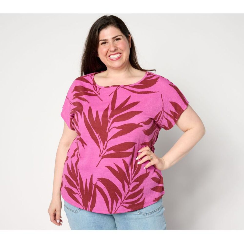 Denim & Co. Women's Top Sz M Beach Printed Knit Gauze Dolman Sleeve Pink A650457